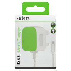 Phone Base Vibe USB-C mains charger plug with 2A power output, compact design, and durable construction.