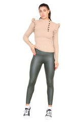 High waisted faux leather leggings with PU fleece lining, glossy wet look finish, designed for women's fashion by Adistore.