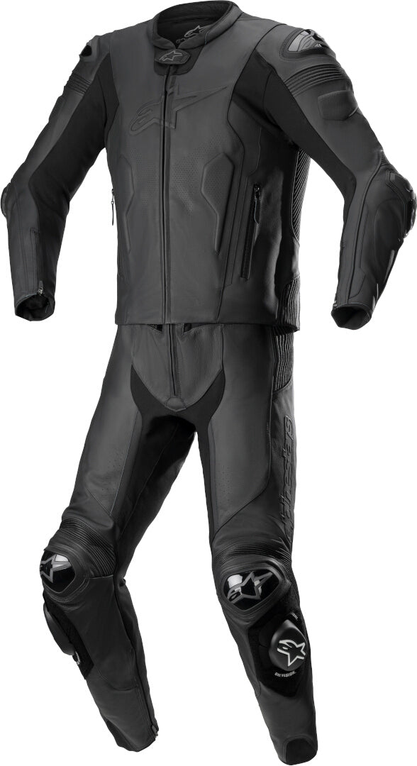 Full black DAMOTOGEAR Replica Missile V2 two-piece motorcycle leather suit with armored panels and sleek design.