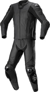 Full black DAMOTOGEAR Replica Missile V2 two-piece motorcycle leather suit with armored panels and sleek design.