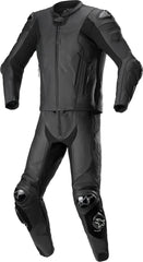 Full black DAMOTOGEAR Replica Missile V2 two-piece motorcycle leather suit with armored panels and sleek design.