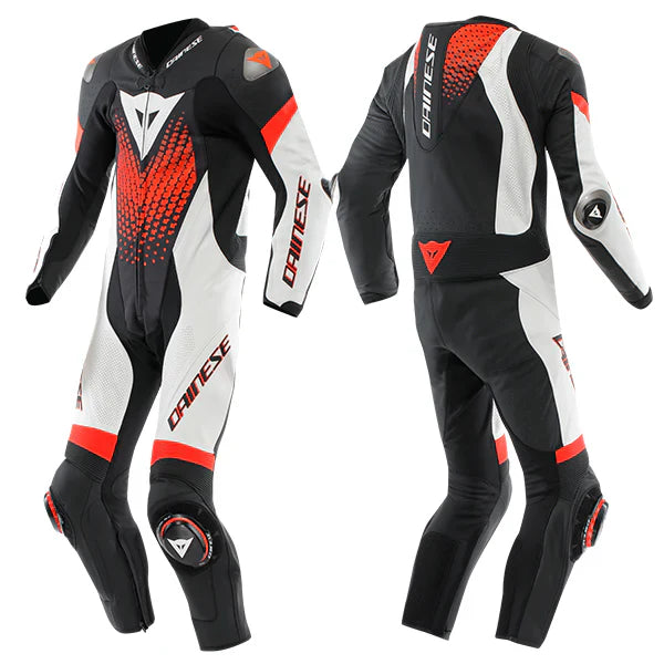 Damotogear Laguna Seca 6 one-piece motorcycle leather suit in black, white, and red, displayed on a mannequin.