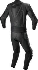 Full black DAMOTOGEAR Replica Missile V2 two-piece motorcycle leather suit with protective padding and sleek design.