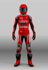 Ducati MotoGP racing motorcycle suit by DAMOTOGEAR featuring Red Pecco Bagnaia and Jack Miller custom leather design, 1 or 2-piece.