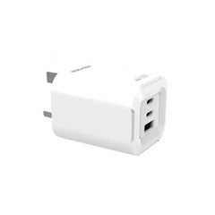 Phone Base 65W 3-in-1 foldable fast charger with dual USB-C and USB-A plugs, compact and portable charging adapter.