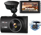 Eliteridegear dual dash camera with 1080P Full HD front and rear, 3" screen, wide-angle lens, night vision, and parking mode.