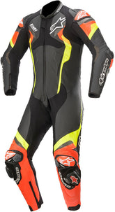 Damotogear Atem V4 one-piece motorcycle leather suit in black, red, and yellow with padded armor and sleek racing design.
