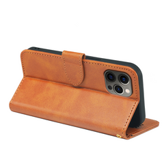 Leather flip book case for iPhone 13 series by Phone Base, featuring card slots and a magnetic closure in a stylish design.