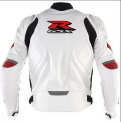 White leather motorcycle jacket for GSXR Suzuki bikes by DAMOTOGEAR, featuring a stylish fit and protective design.