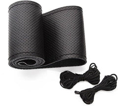 Universal Leather Car Steering Wheel Stitch on Wrap Cover DIY Sewing Breathable and anti Slip, 15-Inch (Black)