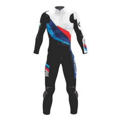 Front view of DAMOTOGEAR Alpino Ultra-BMW white leather racing suit designed for high-performance motorsport driving.