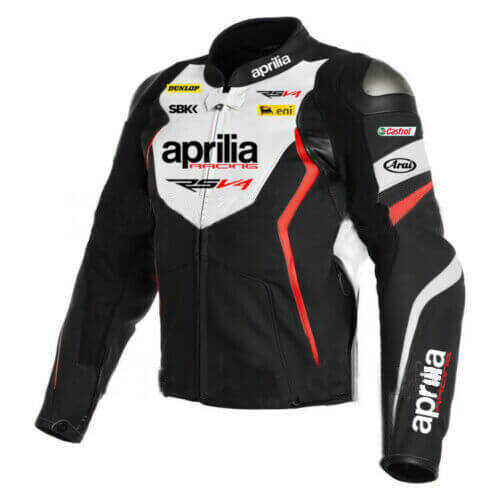 Damotogear Aprilia motorcycle racing leather jacket in black and white with detailed stitching and sporty design.