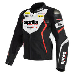 Damotogear Aprilia motorcycle racing leather jacket in black and white with detailed stitching and sporty design.