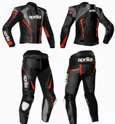 Aprilia motorcycle racing leather suit in black and red with protective padding, designed for racing performance by DAMOTOGEAR.