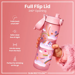Leak Proof Slim Water Bottle, Recyclon, Unicorn Rainbows, 500ml (18oz)