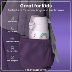 Leak Proof Kids Water Bottle, Stainless Steel, Unicorns, 400ml (13oz)