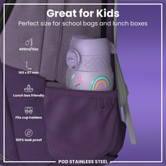 Leak Proof Kids Water Bottle, Stainless Steel, Purple Unicorns, 400ml (13oz)