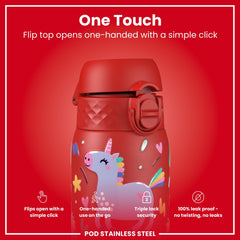 Leak Proof Kids Water Bottle, Stainless Steel, Red Unicorns, 400ml (13oz)