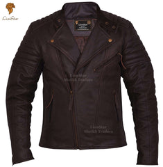 Men's Distressed Brown Leather Biker Jacket | Premium Cowhide | Vintage Biker Style
