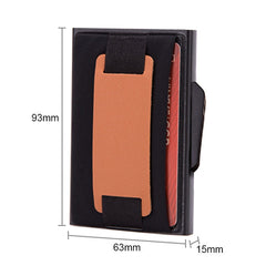 X-32C Automatically Pop-up Card Type Anti-magnetic RFID Anti-theft Men Aluminum Alloy B Dial Button Elastic Bag Wallet with PU Leather Strap, X-32C B Dial Button Black, X-32C B Dial Button Grey, X-32C B Dial Button Blue