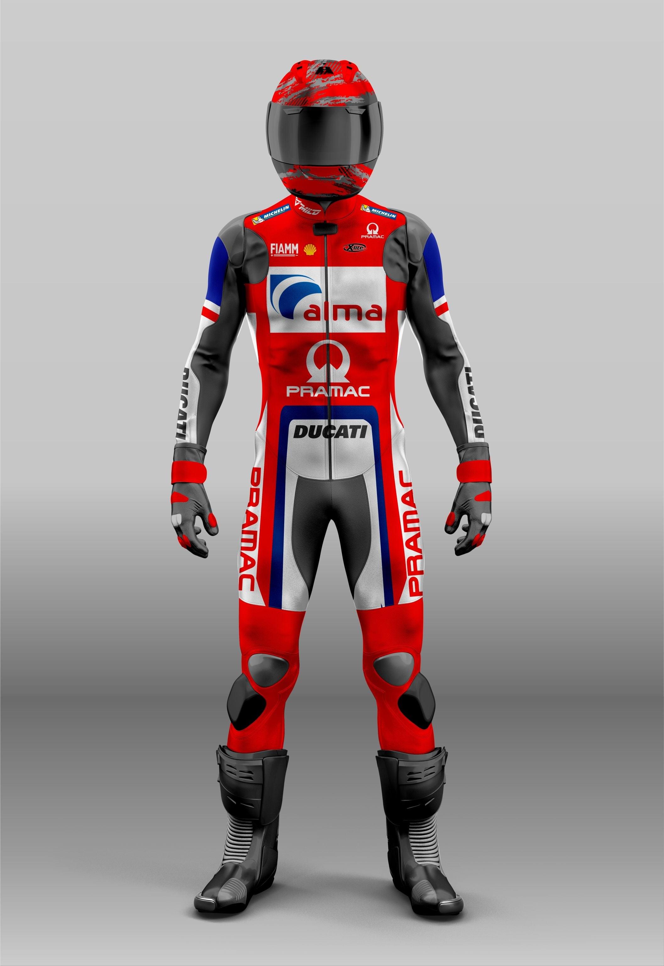 Custom Ducati MotoGP racing suit by DAMOTOGEAR, unisex leather motorcycle riding gear with protective design and available in all sizes.