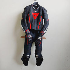DAMOTOGEAR Laguna Seca 4 leather motorcycle suit in black and red, front view showcasing tailored fit and protective design.