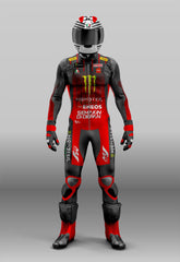 Customized Yamaha MotoGP leather motorcycle racing suit by DAMOTOGEAR, featuring one-piece and two-piece options with personalized design.