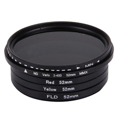 JUNESTAR 4 in 1 Proffesional 52mm Lens Filter(ND2-400 + Red + Yellow + FLD / Purple) for GoPro HERO5 / 4s / 4 / 3+ / 3 / 2 & Xiaomi Xiaoyi Yi I / II 4K & SJCAM Sport Action Camera, 4 in 1 52mm Lens