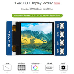 WAVESHARE 1.44 inch LCD 65K Colors 128 x 128 Display Module for Raspberry Pi Pico, SPI Interface, 1.44 inch