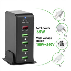6 in 1 65W PD USB-C / Type-C + QC 3.0 USB + 4 USB Multi-port Travel Charger,, US Plug, EU Plug, UK Plug, AU Plug
