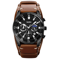 SKMEI 9249 Men Moonphase Calendar Stopwatch Leather Strap Quartz Watch