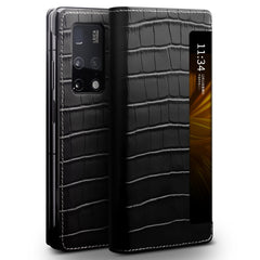 QIALINO Crocodile Pattern Side Window View Genuine Leather Phone Case, For Huawei Mate X2