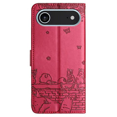Cat Embossing Pattern Leather Phone Case with Lanyard, For iPhone Air, For iPhone 16 Pro Max, For iPhone 16 Pro, For iPhone 16 Plus