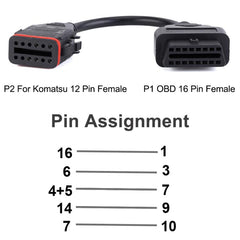 OBD Truck Diagnostic Cable for Komatsu / Cummins, 12 Pin to 16 Pin