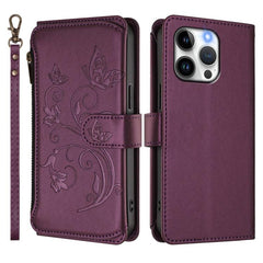 Butterfly Love Flower Multi-card Zipper Wallet Leather Phone Case, For iPhone 15 Pro Max, For iPhone 15 Pro, For iPhone 15 Plus