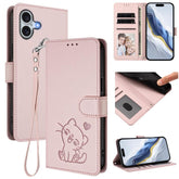 Embossed Heart Cat Leather Phone Case with Hand Strap, For iPhone 16, For iPhone 15 Pro Max