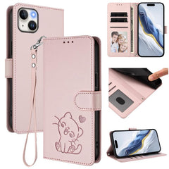 Embossed Heart Cat Leather Phone Case with Hand Strap, For iPhone 14 / 13, For iPhone 14 Pro