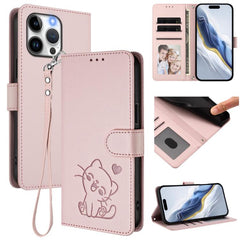 Embossed Heart Cat Leather Phone Case with Hand Strap, For iPhone 13 Pro Max, For iPhone 13 Pro