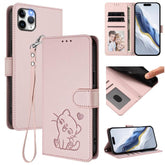 Embossed Heart Cat Leather Phone Case with Hand Strap, For iPhone 11 Pro Max, For iPhone 11