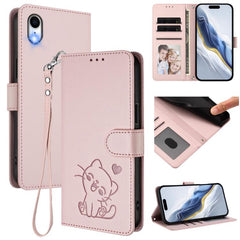 Embossed Heart Cat Leather Phone Case with Hand Strap, For iPhone XR, For iPhone XS Max