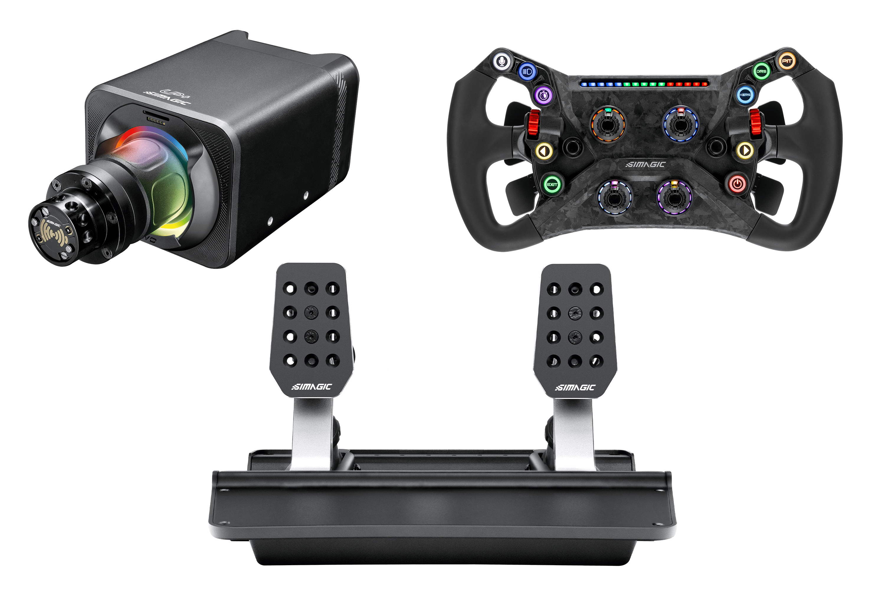 Simagic GT NEO Hub with Alpha EVO 9nm wheel base and P500-2 dual-sensor 2-pedal set for racing simulation gaming.