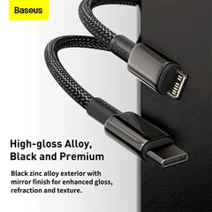 Baseus 20W PD USB-C to Lightning fast charging cable for iPhone and iPad, with a sleek black connector and braided cable design