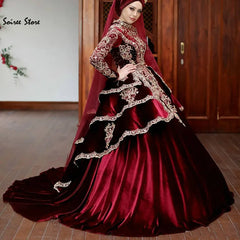 Vintage Muslim Champagne Wedding Dress - Beaded Velvet Satin