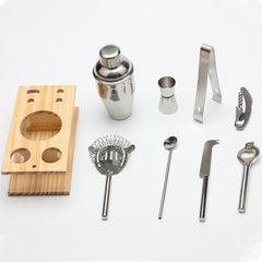 9 in 1 Stainless Steel Cocktail Shaker Tools Set with Wooden Mount, Capacity: 750ml, 750ml