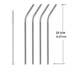 5pcs Reusable Stainless Steel Bent Drinking Straw + Cleaner Brush Set Kit, 266*6mm, 266*6mm (Bent)