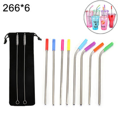 8 PCS Reusable Silicone Tips Stainless Steel Drinking Straws + 2 PCS Cleaner Brushes Set Kit with Cashmere Bag, 266*6mm, 266*6mm