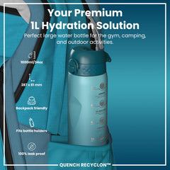 Leak Proof 1 Litre Water Bottle with Times to Drink, Recyclon, Teal & Blue, 1L