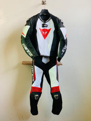 DAMOTOGEAR Laguna Seca 4 leather riding suit in white, black, and red, featuring durable protective panels and sleek racing design.