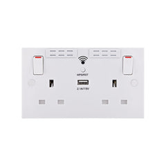 British General Square Edge 13A 2 Gang Switched Socket with Wi-Fi Extender + 1x USB-A 2.1A - White