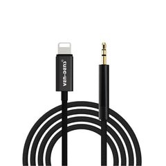 Phone Base Lightning to 3.5mm aux connector cable for iPhones, showing the sleek cable with gold-plated connectors.